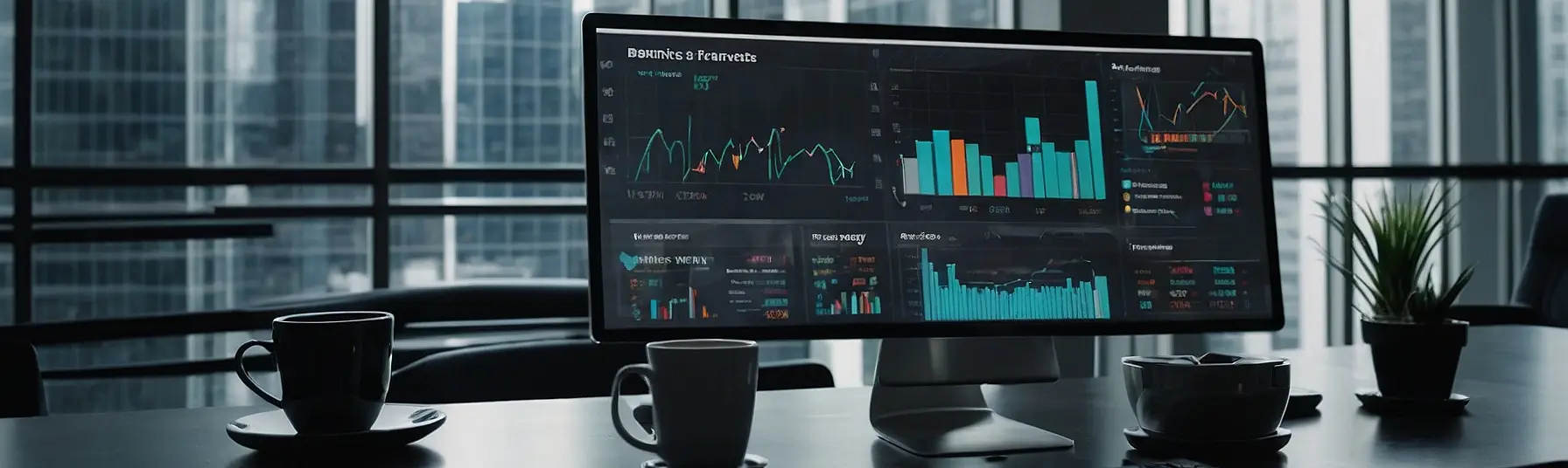 Data analytics dashboard on a large computer screen in a modern office.