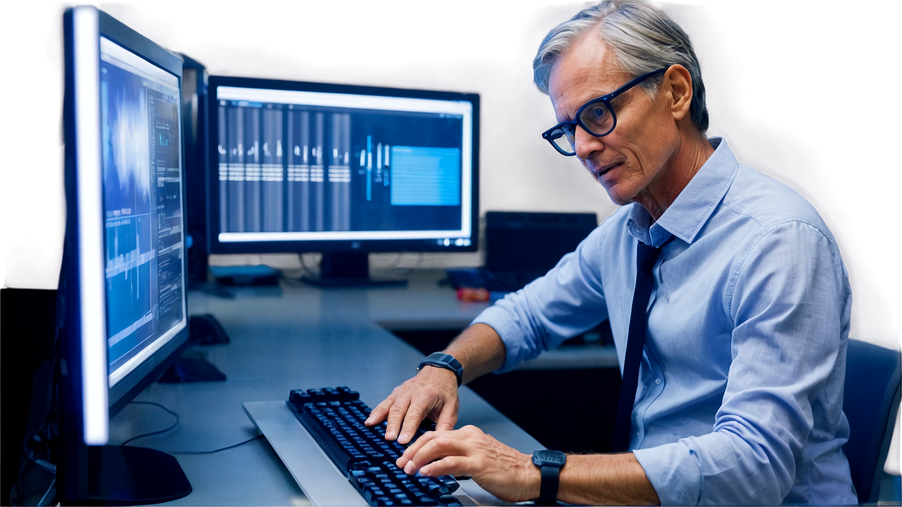Professionnel analysant des données sur plusieurs écrans dans un environnement digital.